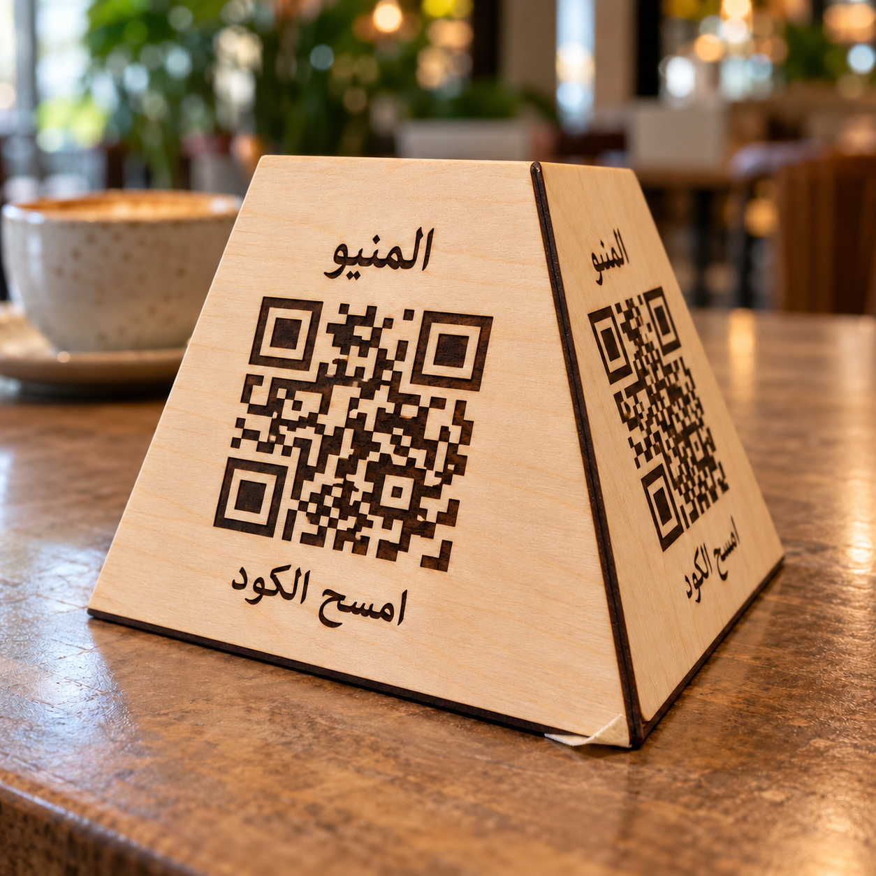 ستاند منيو خشبي مثلث بوجهين QR للمطاعم والكافيهات بشعارك