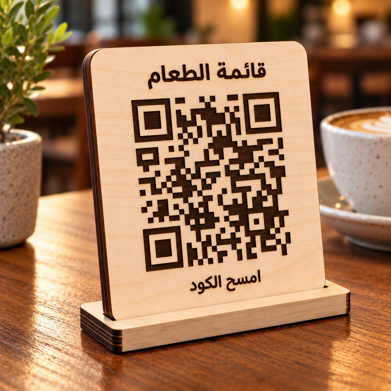 ستاند منيو باركود خشبي بقاعدة للمطاعم والكافيهات بشعارك